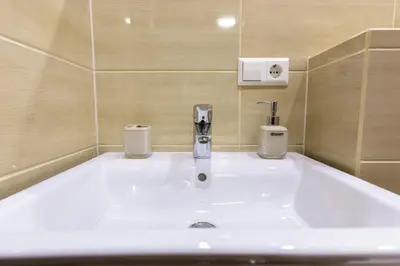 a bathroom with a white sink with two soap dispensers at Villa Orchidea in Šakiai