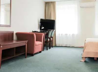 a hotel room with a couch and a table and a television at Grėjaus Namas in Kėdainiai