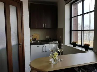 a kitchen with two wine glasses and flowers on a table at Villa Traku Terasa in Trakai