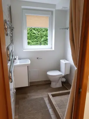 a bathroom with a toilet and a window at Felix Apartment Free parking in Vilnius