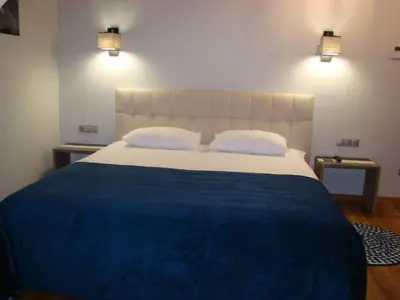 a bedroom with a large bed with two pillows at Žvejų užeiga in Šiauliai