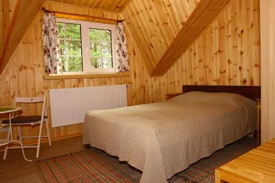 a bedroom with a bed and a table and a window at Asvejos slenis in Sužionys