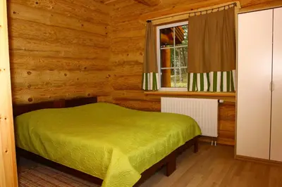 a bedroom with a green bed and a window at Asvejos slenis in Sužionys