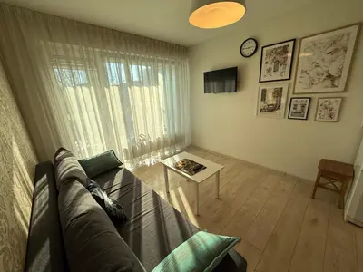 a living room with a couch and a table at Mini dvivietis Free parking in Vilnius