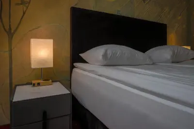 a bed with white pillows and a lamp on a table at Agneta Apartamentai in Druskininkai