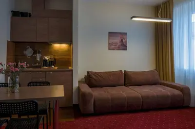 a living room with a couch and a table at Agneta Apartamentai in Druskininkai