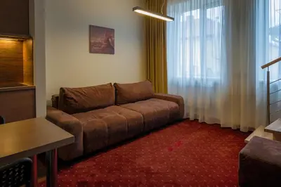 a living room with a couch and a window at Agneta Apartamentai in Druskininkai