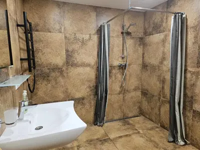 a bathroom with a shower and a sink at Šolena in Alytus