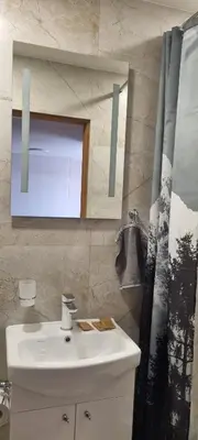 a bathroom with a sink and a mirror at Šolena in Alytus