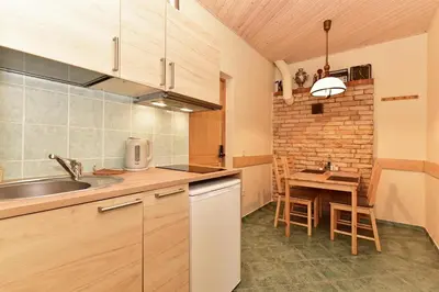 a kitchen with a sink and a table in a room at Dalija in Druskininkai
