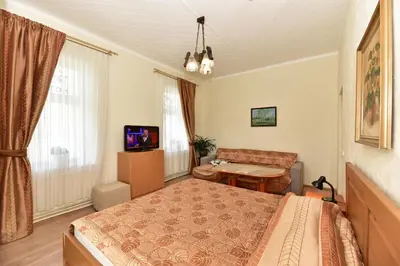 a bedroom with a bed and a table and a television at Dalija in Druskininkai