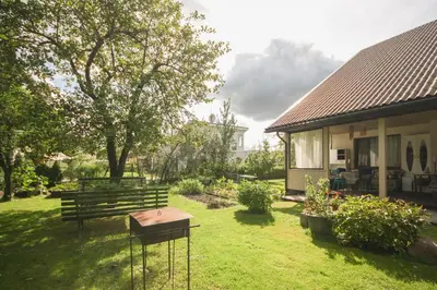 a yard with a bench and a house at Dina Apartments in Druskininkai