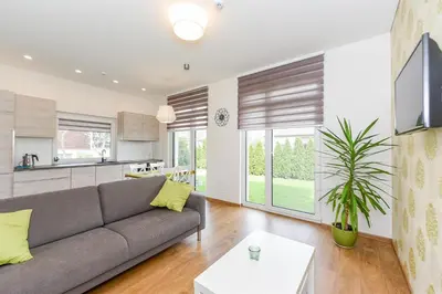 a living room with a couch and a table at Birutes House in Druskininkai