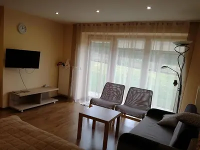 a living room with a couch and chairs and a tv at Apartamentai Klonio g. in Druskininkai