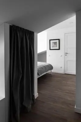 a bedroom with a bed with a black curtain at Deluxe Apartments by Hostlovers in Kaunas