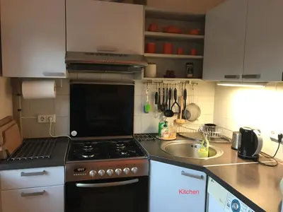 a kitchen with a stove top oven next to a sink at Roman in Druskininkai