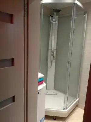a shower with a glass door in a bathroom at Čiurlionio 83 Druskininkai in Druskininkai