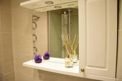 a bathroom with a mirror and a white shelf at Čiurlionio 83 Druskininkai in Druskininkai
