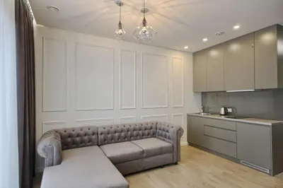 a living room with a couch in a kitchen at Nikolas Apartamentai - Birstono 7 in Druskininkai