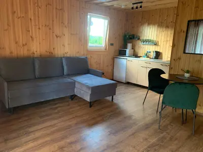 a living room with a couch and a table and a kitchen at Graikinė in Kėdainiai