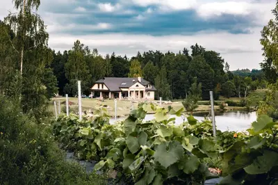 a house in the middle of a lake with plants at Prūsiškių dvaras in Sumiliszki