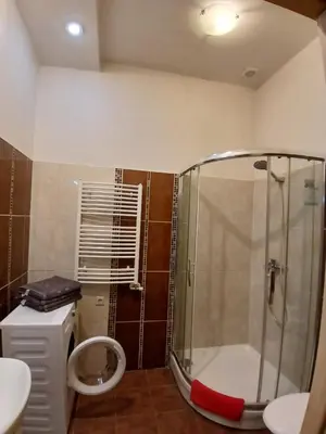 a bathroom with a shower and a toilet and a sink at Donelaičio 42 in Kaunas
