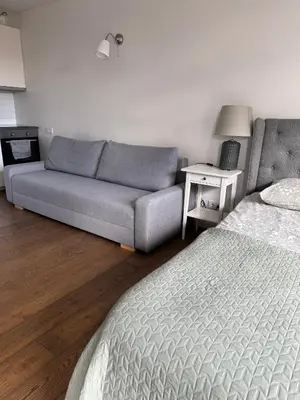 a living room with a couch and a bed at Five Star Downtown Apartment in Vilnius