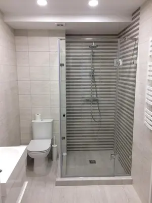 a bathroom with a shower with a toilet and a sink at Elegant apartment close to the Old Town in Vilnius