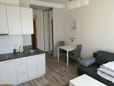 a kitchen and living room with a couch and a table at Vilnius Town Apartments in Vilnius