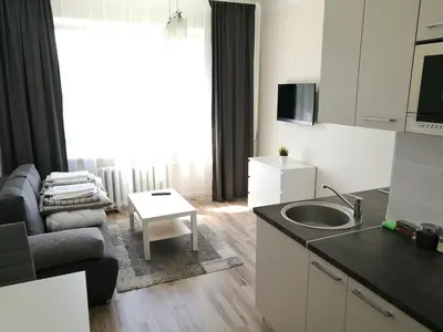 a kitchen and living room with a couch and a table at Vilnius Town Apartments in Vilnius