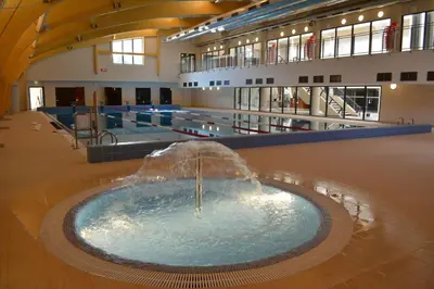 a large pool with a fountain in the middle of a building at Nature lovers place in Varėna