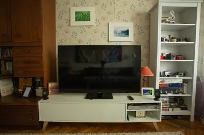 a flat screen tv sitting on a white entertainment center at Nature lovers place in Varėna