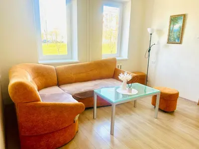 a living room with a couch and a table at Ezero apartamentai in Šiauliai