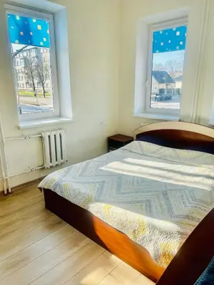 a bedroom with a bed and two windows at Ezero apartamentai in Šiauliai