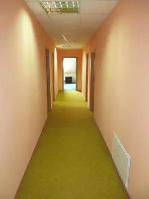 an empty hallway in an office building with green carpet at Senieji Bačkonys in Bačkonys
