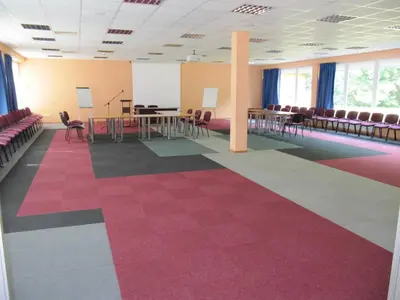 a room with tables and chairs and a red carpet at Senieji Bačkonys in Bačkonys