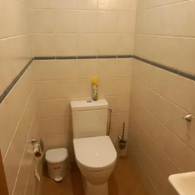 a small bathroom with a toilet and a sink at Apartamentai Luna in Panevėžys