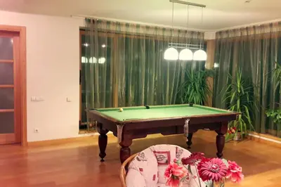 a living room with a pool table and some plants at Apartamentai Luna in Panevėžys