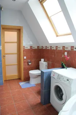 a bathroom with a washing machine and a toilet at Apartamentai Luna in Panevėžys