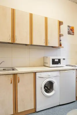 a kitchen with a washing machine and a microwave at Pigi nakvyne in Šiauliai