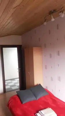 a bedroom with a bed with a red blanket at Ginto svetingi namai in Vilnius