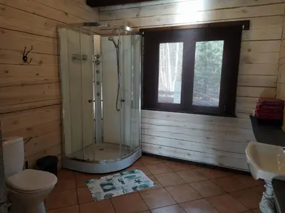 a bathroom with a shower and a toilet and a sink at Trakų vienkiemis in Daumilai