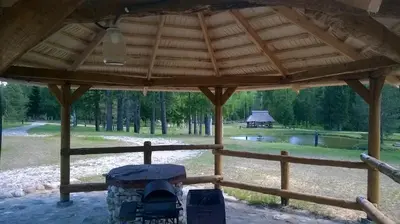 a view from the inside of a gazebo with a grill at Trakų vienkiemis in Daumilai
