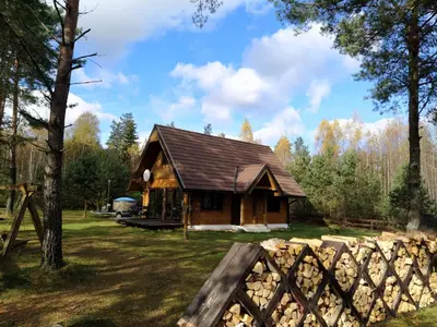 a log cabin in the woods with a fence at Trakų vienkiemis in Daumilai