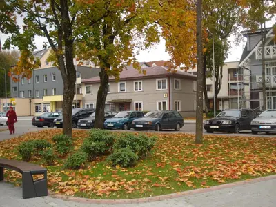 a park with leaves on the ground in a city at Apartamentai Druskininku centre in Druskininkai
