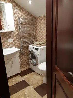 a bathroom with a washing machine and a toilet at Zveryno guest house in Vilnius