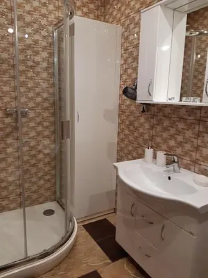 a bathroom with a shower and a sink at Zveryno guest house in Vilnius