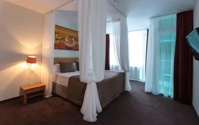 a bedroom with a bed with a canopy and windows at MEDEA Apartments by UPA in Druskininkai
