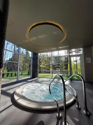 a hot tub in a room with a large window at MEDEA Apartments by UPA in Druskininkai