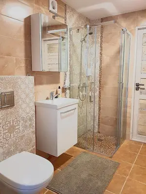 a bathroom with a shower and a toilet and a sink at Dp Art 14 OLD TOWN Self check in in Kaunas